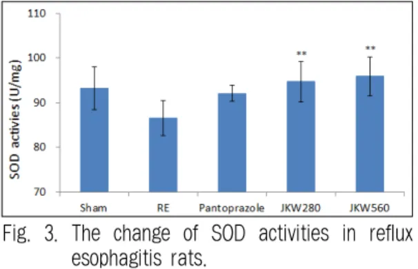 Fig.  3.  The  change  of  SOD  activities  in  reflux  esophagitis rats.