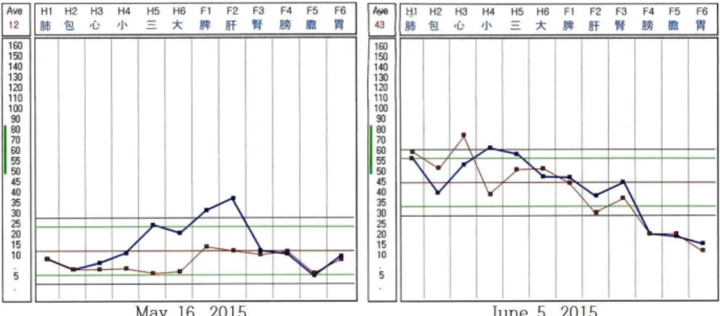 Fig. 2. Ryodoraku diagnosis was measured at May 16. 2015 and June 5. 2015.