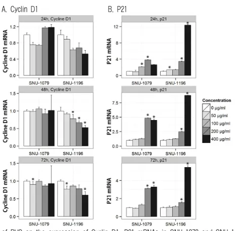 Fig. 7. Effects of RVS on the expression of Cyclin D1, P21 mRNAs in SNU-1079 and SNU-1196.