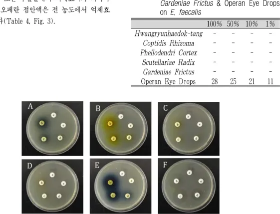 Fig. 3. Inhibition zone according to density of each extract on E. faecalis.