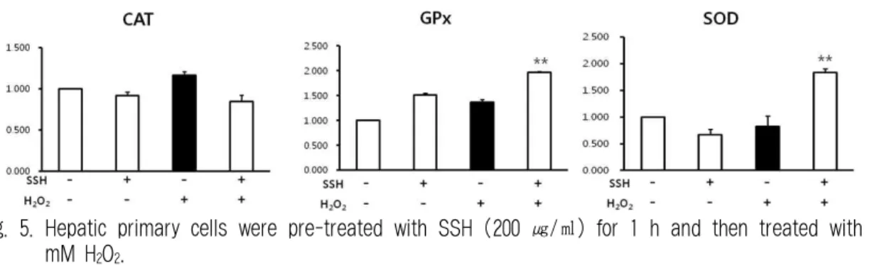 Fig. 5. Hepatic primary cells were pre-treated with SSH (200 ㎍/㎖) for 1 h and then treated with 1 mM H 2 O 2 .