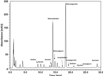 Fig. 1. HPLC chromatogram showing the 12 components of  soybean isoflavone.