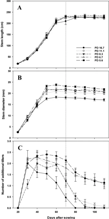 Fig. 1. Influence of planting density on the seasonal patterns  of stem length (A), diameter (B), and number of  additional tillers (C) of the sweet sorghum cultivar 