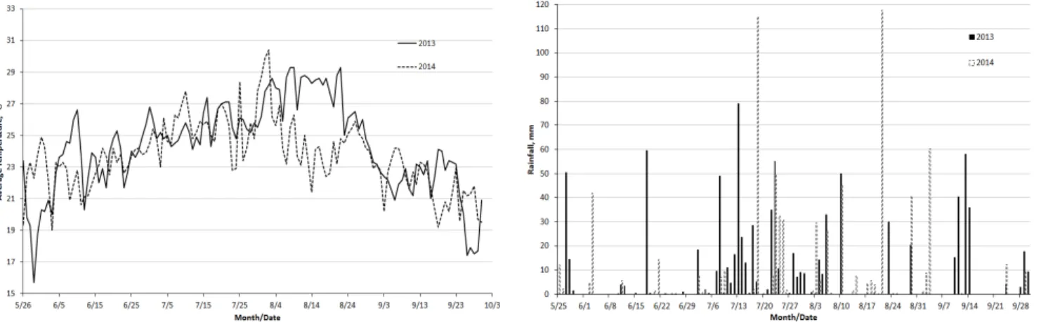 Fig. 3. Changes in the average temperature (left) and rainfall (right) during growing seasons in 2013 and 2014.