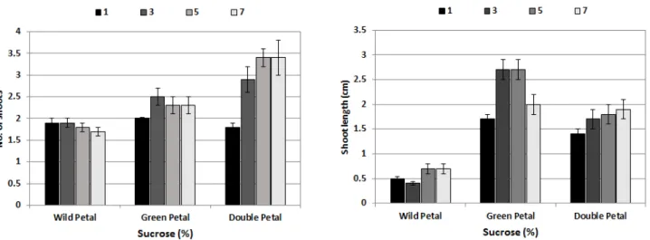 Fig. 2. Effects of varying sucrose concentration on shoot and adventitious root formation from the nodes of three P