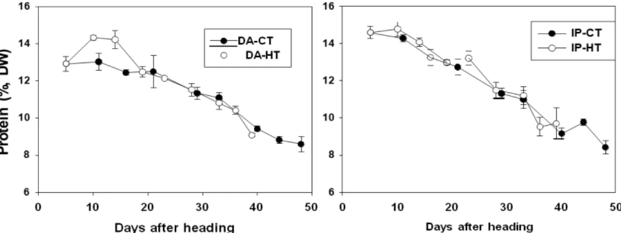 Fig. 3. Changes in protein concentration of the top 3 leaves of rice under control (CT: 22±4℃, black circles) and high (HT: 