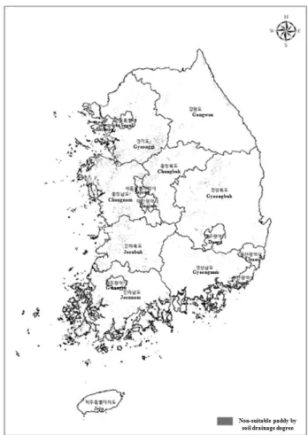 Fig. 3. Distributions map of non-suitable paddy for cultivation of green manure crops categorized by soil drainage  degree in South Korea.