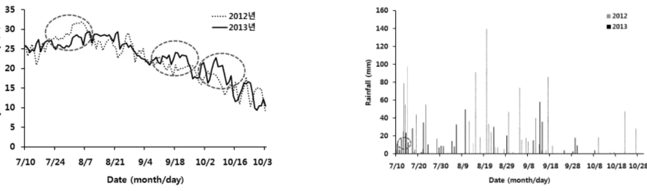 Fig. 1. Rainfall and daily mean air temperature during the experiment (Suwon, 2012~2013).