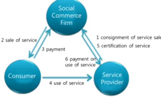 Figure  1.  Main  actors  in  the  flow  are  service  providers,  social  commerce  firms  and  consumers.