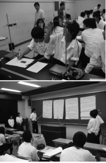Fig.  7  High  school  students  make  an  experiment  on  vi- vi-bration  of  string  (top)  and  make  a  presentation  on  their  results  (bottom)