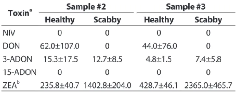 Table 4. Comparison of toxin levels (ng/g) between healthy and  scabby rice samples 
