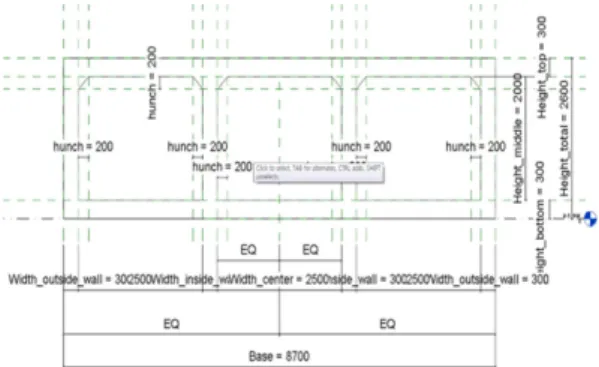 Table 2 Takeoff quantity items for 3D road culvert library 분류 속성 항목 속성 내용 Dimensions Base 8700.0Height_bottom 300.0Height_middle 2000.0Height_top300.0Height_total 2600.0 ( 수식에 의함)Length1000.0 hunch 200.0 Width_center 2500.0 Width_inside_ wall 300.0 Width_o