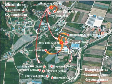 Fig. 3. Orchard map showing bacterial canker progress in a  Jecy-gold growing kiwifruit orchard by secondary infection of  Pseudomonas syringae pv