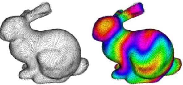 Fig. 3 A scalar field f (color map on the right) reconstructed from a given gradient field X (hairy black lines on the left) on a bunny surface