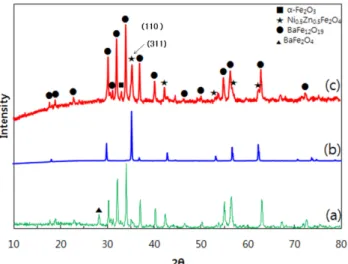 Fig. 5. SEM images of the samples: (a) BaFe 12 O 19 , (b) Ni 0.5 Zn 0.5 Fe 2 O 4 , heated at 800 o C and nanocomposite heated at (c) 600 o C, (d) 700 o C, (e) 800 o C, (f) 900 o C.