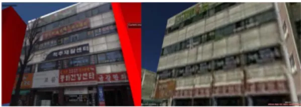 Fig. 7 Scene from the same geospatial position in result city model(upper), and panoramic image in unit sphere(lower)