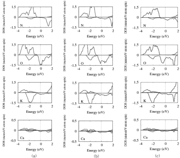 Fig. 2. Atom-projected spin-polarized density of states (DOS) for the chosen atoms of the (a) N 1.5 O 0.5 KCa, (b) NOKCa, (c) N 0.5 O 1.5 KCa compounds