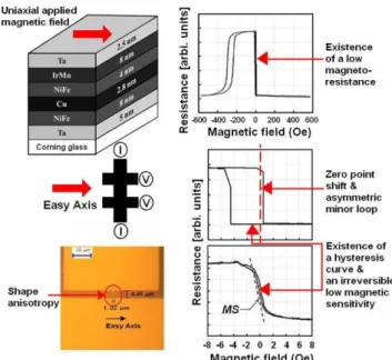 Fig. 2. (Color online) (a) A picture of Real GMR-SV device with a size of 2 × 8 µm 2  and two Cu electrodes after photolithography process