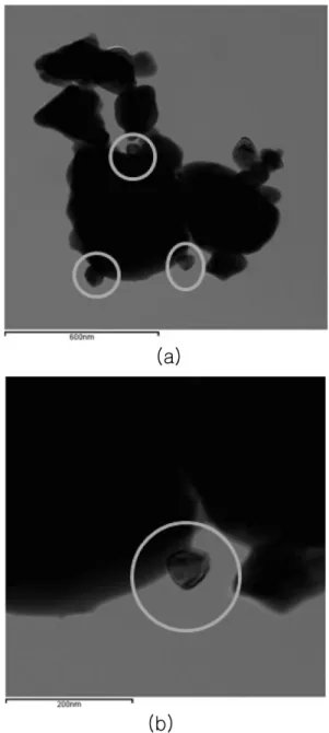 Fig. 2. (a) TEM image of the LSCF/Ag composite particles, and (b) higher- magnification image of the Ag nanoparticle coated LSCF.