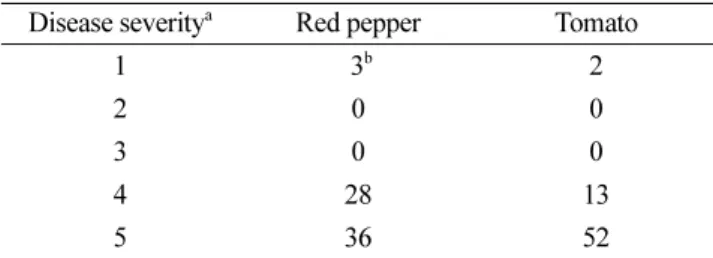 Fig. 2. Disease severity of R. solanacearum isolate KPRS15 on pepper (A) and tomato (B) host plants