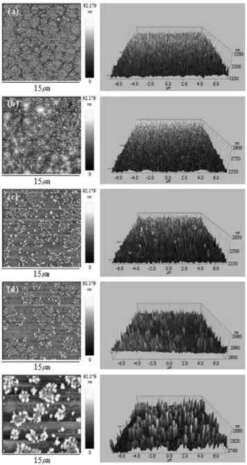 Fig. 4. PFM images of BiFeO 3  thin films for various flow rate of O 2 gas. (a) 1.5 sccm, (b) 4 sccm, (c) 10 sccm, (d) 15 sccm, (e) 20 sccm.
