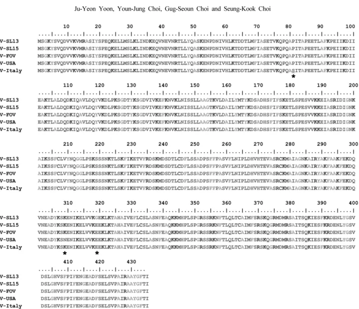Fig. 3. The CP alignment of FreSV isolates using Clustal W. The sequences of FreSV isolates SL13 (Ab811792), SL15 (AB811437), FOV(GU071089), USA (or Virginia: FJ807730), and Italy (DQ885455) were analyzed using MEGA5