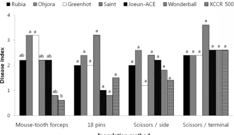 Fig. 1. Development of black rot on seven cabbage cultivars inoculated by four different inoculation methods