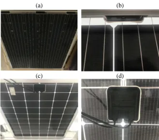 Fig. 1. Rear-side images and junction boxes of bifacial modules used in this study: (a), (b) A-Bifi module and  (c),  (d) B-Bifi module