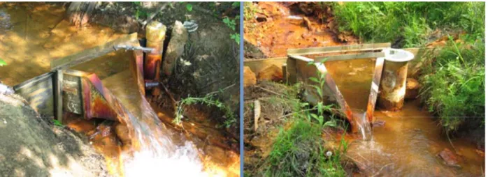 Figure 7. (a) H-Flume at the Primrose discharge, (b) H-Flume at the Hopper discharge dustrial water users was developed utilizing water 