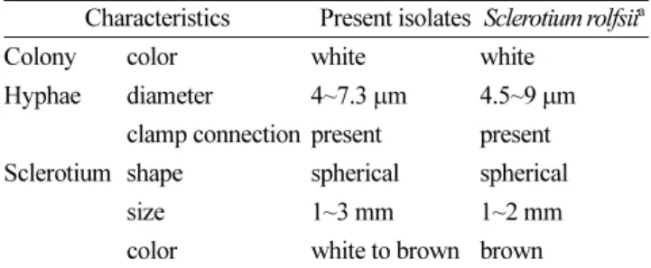 Table 1. Comparison of mycological characteristics between the present isolate obtained from Neofinetia falcata and  Sclerotium rolfsii described previously 