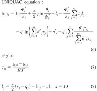 Table 1. The experimental and calculated flash points for CCl 4 (1)+o-xylene(2) system여기서 하첨자 2는 이성분계 혼합물에서 가연성 성분을  의미한다.식 (4)를 식 (3)에 대입하고 정리하면 다음과 같다.   ∙ ln ∙ (5)식  (5)에서  제시된  가연성  성분의  활동도계수(γ2)는 다음과 같은 UNIQUAC  식[7]을 사용하여 계산할 수