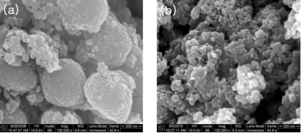 Fig. 3. FE-SEM images of Li 2 MnSiO 4 /C (a) Solid state reaction powder and (b) Solution synthesis powder.
