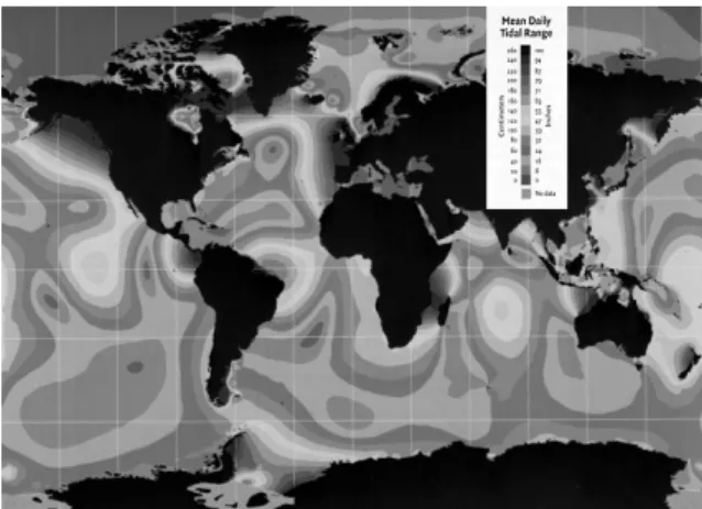 Fig. 2. Global distribution of mean tidal range [5].