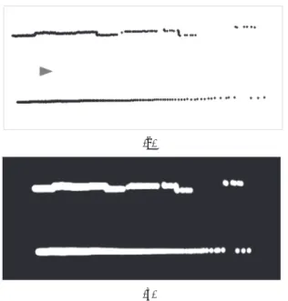 Fig. 2. Rasterized LUT in which the probability of observed point is  encoded: (a) the reference scan; (b) the resulting LUT