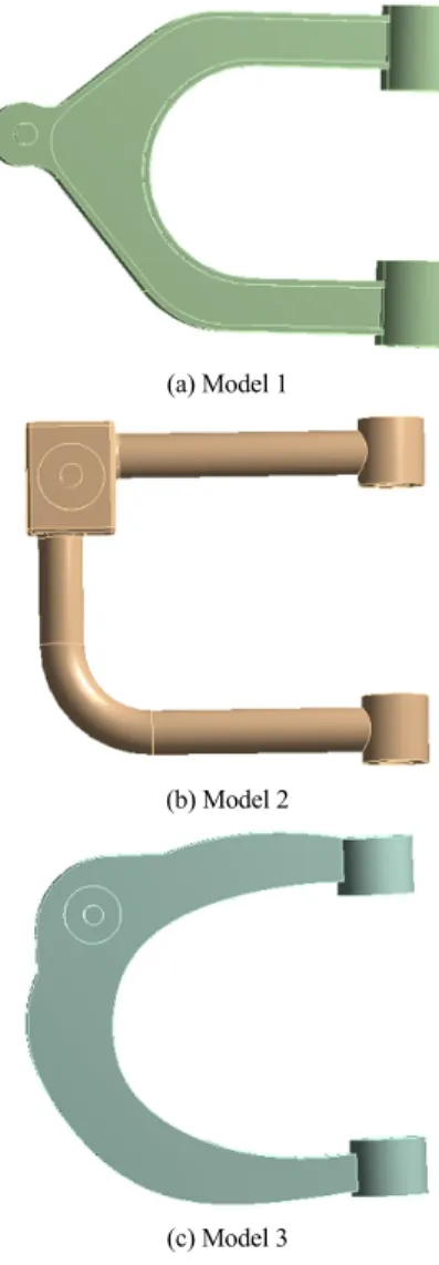 Fig. 1 Configurations of models Fig. 2 Meshes of models를  이용하여  구조  및  피로해석을  수행하였다.4,5) 이를  통하여  시제품  제작  이전에  신뢰할  만한  시험  결과를  예측할  수  있었고  궁극적으로  다양한  부품  설계방안에  대한  성능  비교평가가  가능하여  최종적으로  개발  제품의  품질  향상에  기여할  수  있다고  사료된다.6,7) 본  연구의  결과를  종합하여  어퍼