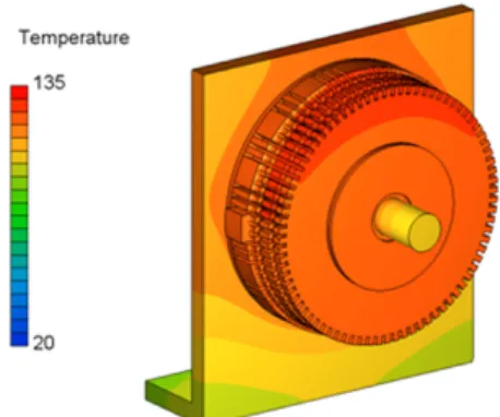 Fig. 6 Temperature contours of the in-wheel motor with jig  for correlation analysis (°C)