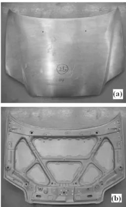 Fig. 1 Typical views for outer panel-side(a) and inner-  reinforcements(b) of magnesium hood panel
