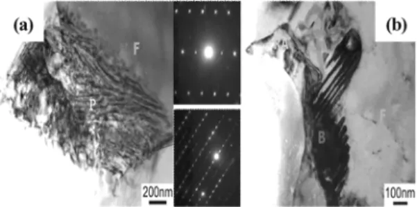 Fig. 11 Transmission election micrographs of TRIP-aided  steel, (a) TEM bright images for pearlite and ferrite  phase, (b) TEM bright images for retained austenite,  bainite and ferrite phase 