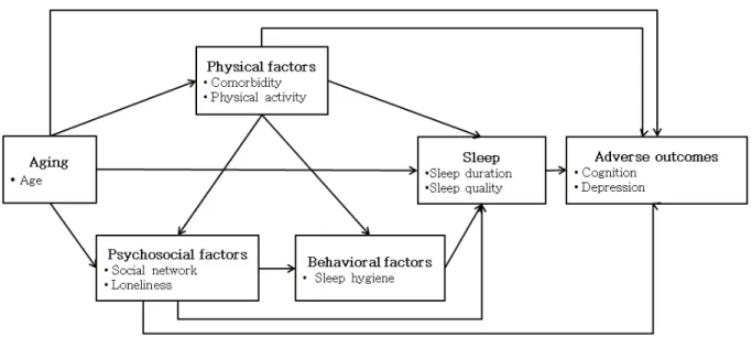 Figure 1. Conceptual model for sleep in community-dwelling older adults. 의 수면에 영향을 미치는 요인을 유발(predisposing) 요인,  촉진(precipitating) 요인, 지속(perpetuating) 요인으로 나누 어 설명하고 있다