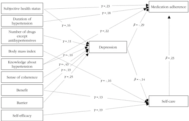 Figure 2. Path model predicting medication adherence and self-care.γ=.22Depressionγ= -.16 Medication adherenceSelf-careβ= -.29β= -.14β=.23γ=.23γ=.11γ=-.10γ=-.43γ=-.19γ=.25γ=.13γ=.19γ=.18γ=.16Subjective health status