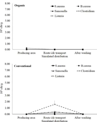 Fig. 5. Change of sanitary indicator bacteria from perilla leaf sur- sur-face from different locations
