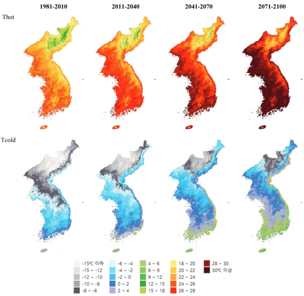 Fig.  1.  Climate  factor  distributions  (Thot  and  Tcold)  used  in  Köppen  climate  classification  during  the  period of  1981-2010  and  2011-2100  based  on  RCP8.5  scenario.