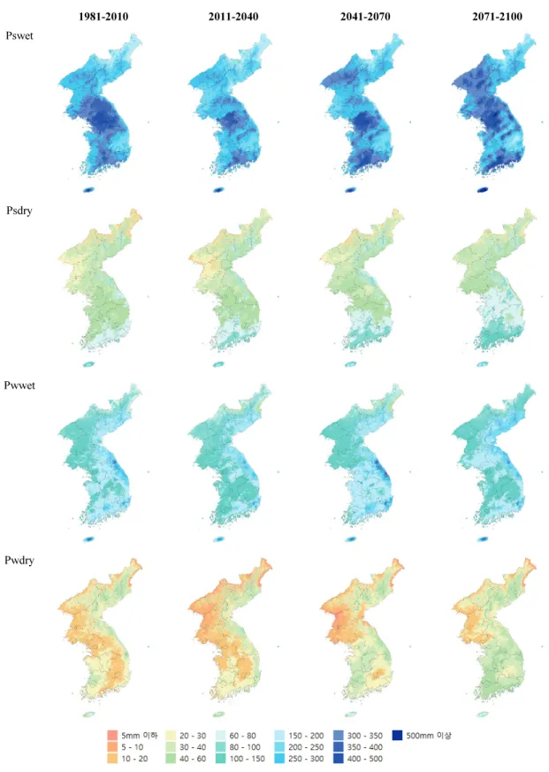 Fig.  2.  Climate  factor  distributions  (Pswet,  Psdry,  Pwwet  and  Pwdry)  used  in  Köppen  climate  classification  during  the  period  of  1981-2010  and  2011-2100  based  on  RCP8.5  scenario.