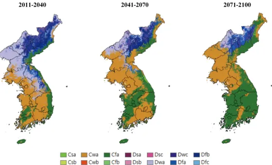 Fig.  4.  The  spatial  distributions  of  Köppen  climate  classification  during  the  period  of  2011-2100  based  on RCP8.5  scenario.