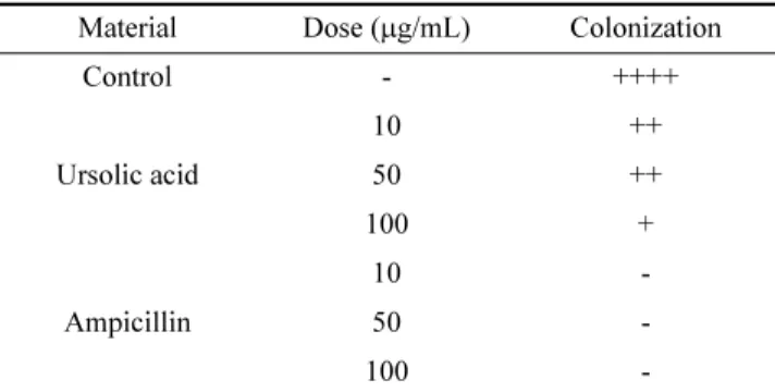 Table 4. Colonization inhibiting activity of ursolic acid on H.pylori Material Dose ( µg/mL) Colonization