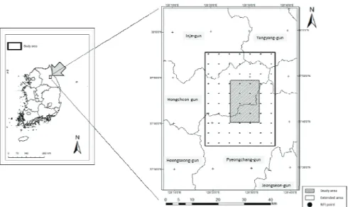 Fig.  1.  The  location  of  the  study  area  (grey  box).  The  solid  line  is  extended  area for  selecting  additional  NFI  points  to  produce  initial-community.
