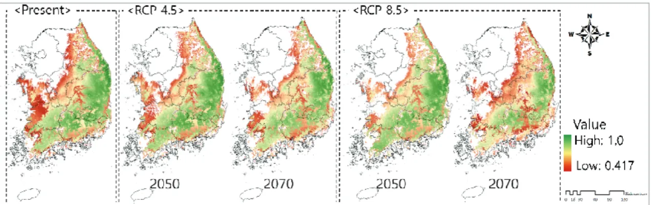 Table  3.  Table  of  potential  distribution  change  ratio  (%)  compared  to  the  current  pine  tree  potential  distribution map