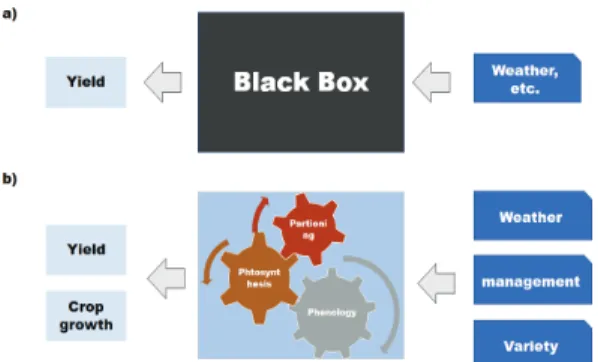 Fig. 1. Schematic diagram of an empirical model (a) and a process-oriented crop  growth model(b).