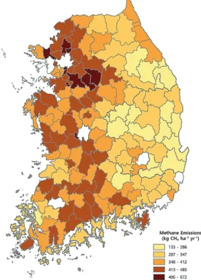 Fig. 6. A map showing the estimated results of  methane emissions per unit area based on  administrative district.