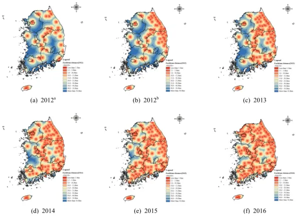 Fig. 3. The result of spatial distribution patterns from 2012 to 2016 through the Euclidean distance analysis.